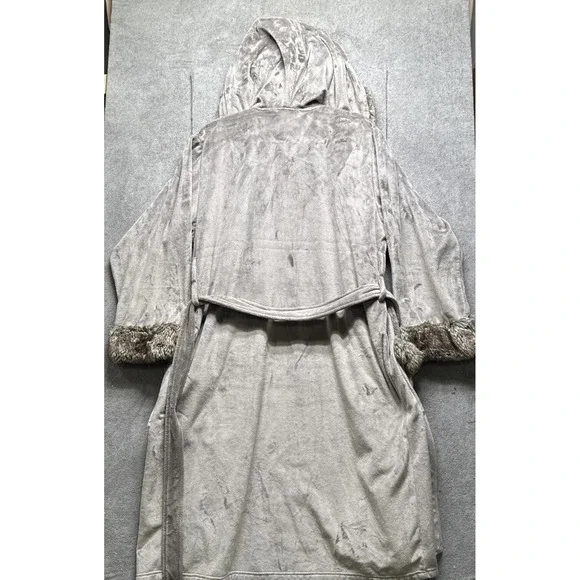Pottery Barn Women's Hooded Plush Robe Large‎ Gray Faux Fur Trim Belted Cozy